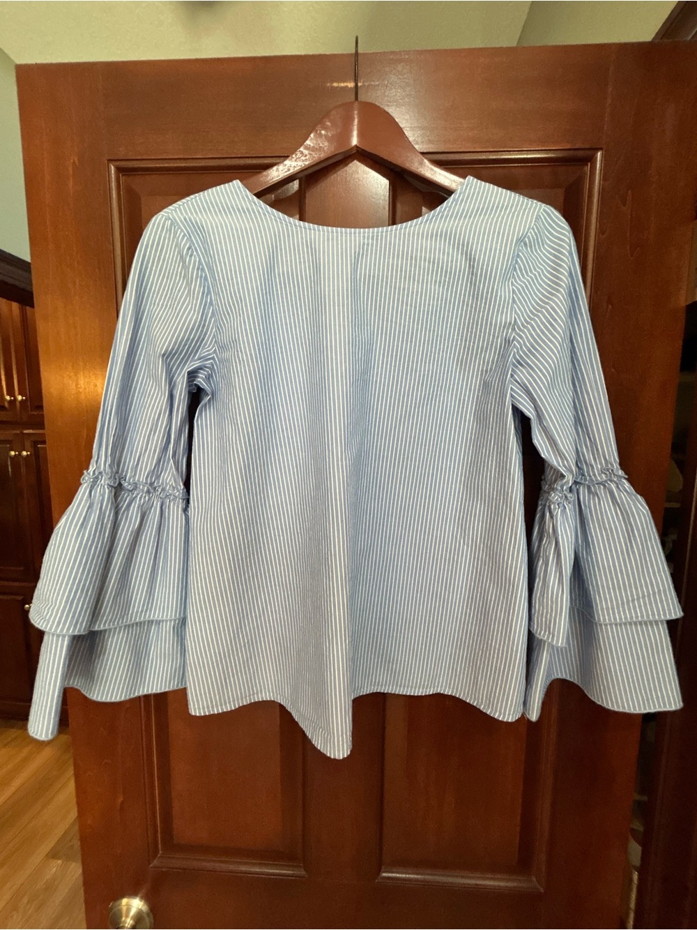 LOFT Blue White Striped Bell Sleeve Blouse XS Tie Back Cotton Top